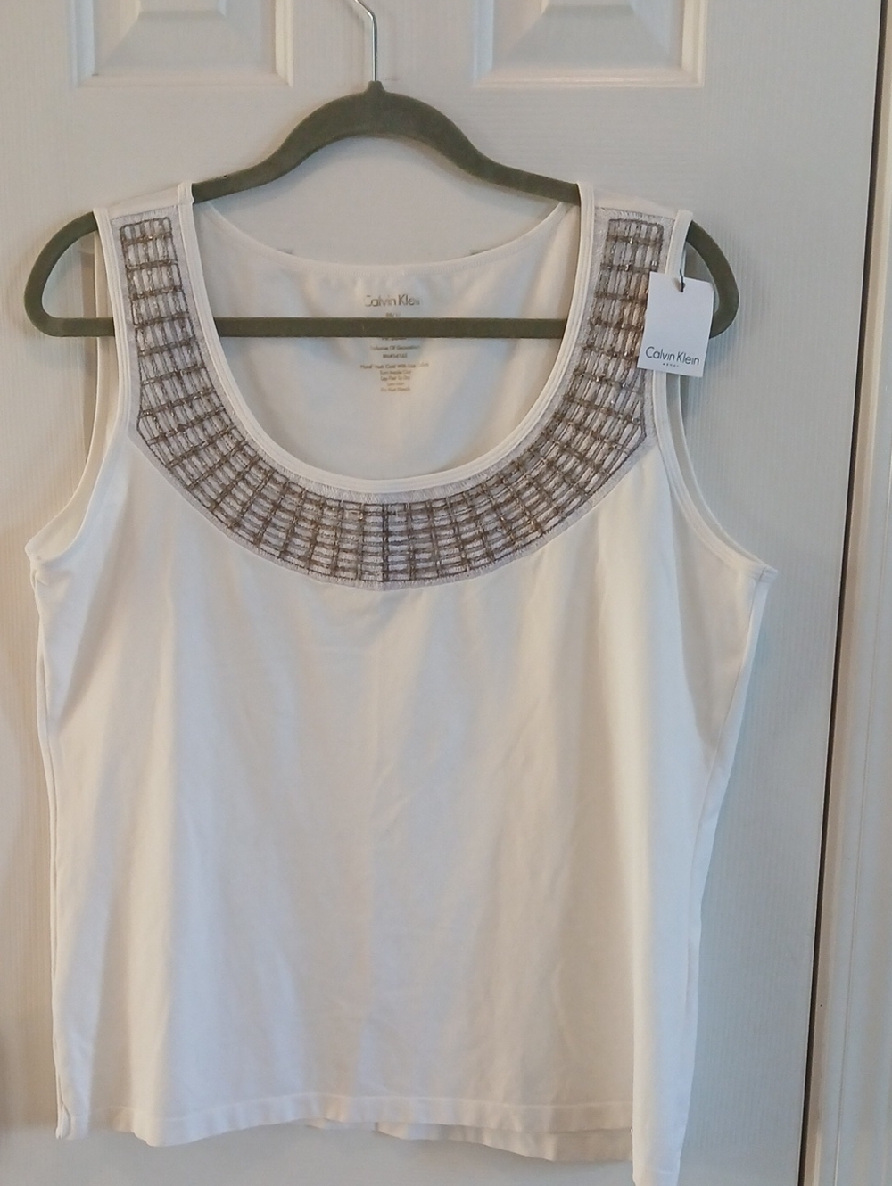 Calvin Klein White Tank with Beaded Scoop Neck Size OX/ 1X